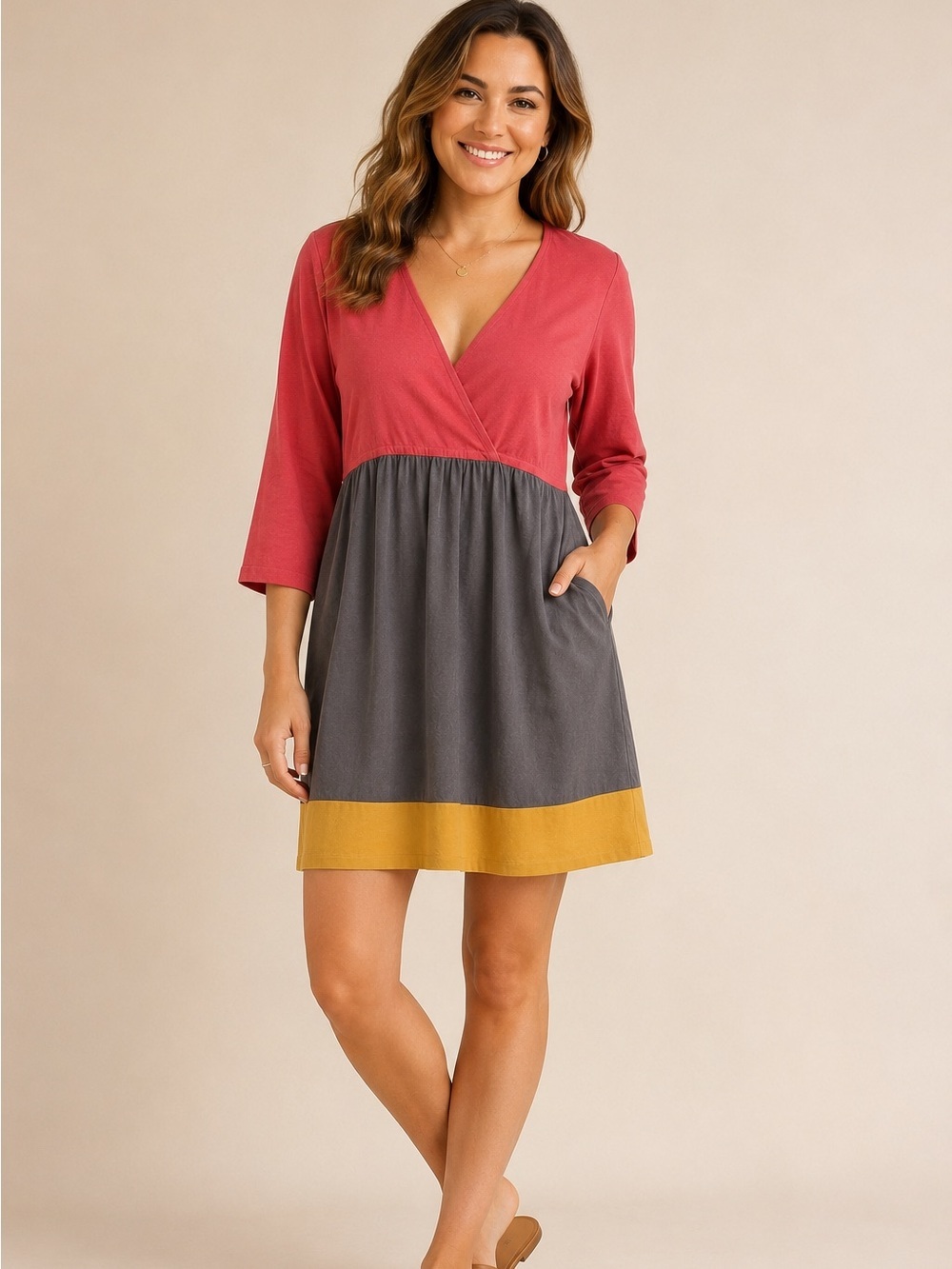 BODEN Pink, Grey & Mustard colorblock V-neck Knit Sweater Dress 100% Wool sz 14
